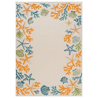 Indoor/Outdoor High-Low Textured Area Rug, Coastal Border Ivory/Multi, Easy-Clean Patio Rug