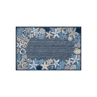 Indoor/Outdoor High-Low Textured Area Rug, Coastal Border Ivory/Multi, Easy-Clean Patio Rug