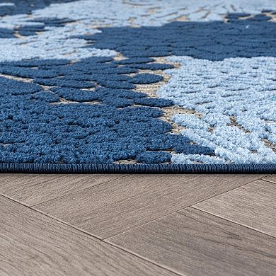 Indoor/Outdoor High-Low Textured Area Rug, Floral Beige/Navy/Blue, Easy-Clean Patio Rug
