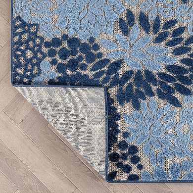 Indoor/Outdoor High-Low Textured Area Rug, Floral Beige/Navy/Blue, Easy-Clean Patio Rug