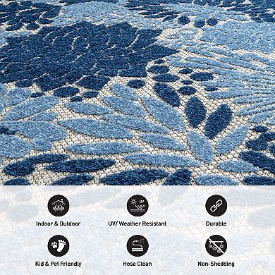 Indoor/Outdoor High-Low Textured Area Rug, Floral Beige/Navy/Blue, Easy-Clean Patio Rug