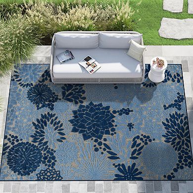 Indoor/Outdoor High-Low Textured Area Rug, Floral Beige/Navy/Blue, Easy-Clean Patio Rug