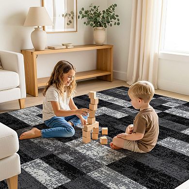 Modern Abstract Grid Indoor Area Rug, Polypropylene with Jute Backing for Living Room Bedroom