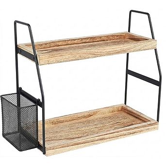 2 tier Countertop Organizer with Basket, Wooden Vanity Storage Shelf