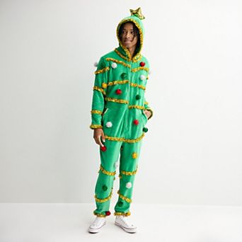 Men's Christmas Tree Hooded One-Piece Pajama Union Suit