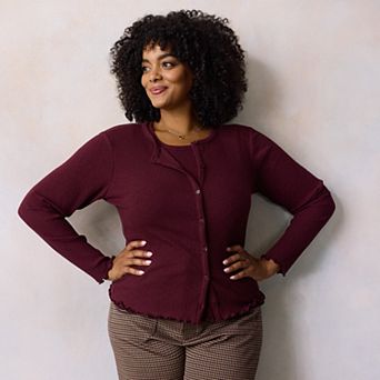 Plus Size LC Lauren Conrad Ruffle Hem Ribbed Knit Cardigan