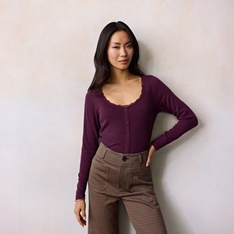 Women's LC Lauren Conrad Scoop Neck Button-Front Long Sleeve Top