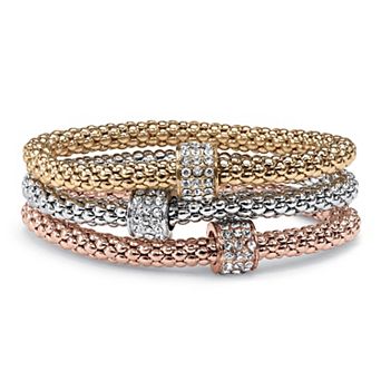 Crystal Wheel Beaded Tri-Tone Stretch Rope Bracelet Set 8"