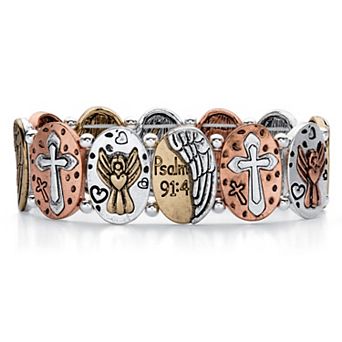 Hammered Coin Tri-Tone Inspirational Stretch Bracelet 7"