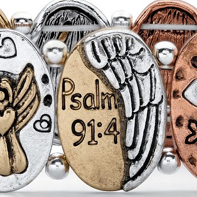 Hammered Coin Tri-Tone Inspirational Stretch Bracelet 7"