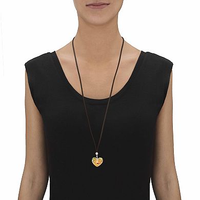 Aurora Borealis Crystal Silvertone Heart-Shaped Brown Corded Necklace 32"-34.5"