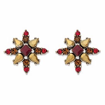 Red and Brown Multi-Cut Crystal Antiqued Goldtone Starburst Button Earrings