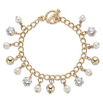 Crystal and Genuine Cultured Freshwater Pearl Goldtone Beaded Bracelet 7.5"