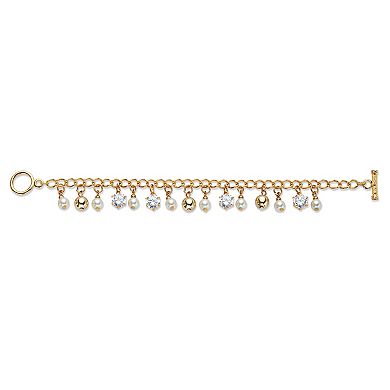 Crystal and Genuine Cultured Freshwater Pearl Goldtone Beaded Bracelet 7.5"