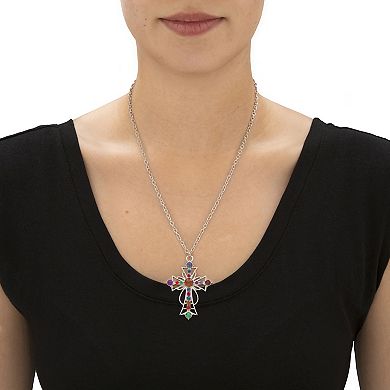 Multi-Color Crystal Silvertone Scrolled Cross Pendant Necklace 18"-20.5"