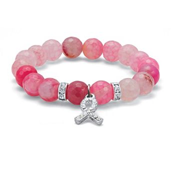 Crystal Accented Beaded Breast Cancer Awareness Stretch Bracelet, 7 Inch
