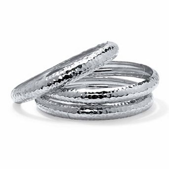 Hammered 3 pc Bangle Bracelet Set in Silvertone 8.5"