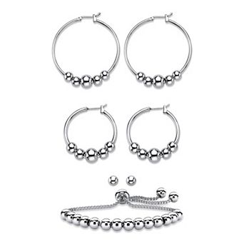 Silvertone 4 pc Beaded Textured Earrings and Adjustable Slider Bracelet Set