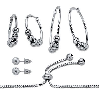 Silvertone 4-Piece Beaded Textured Earrings and Adjustable Slider Bracelet Set