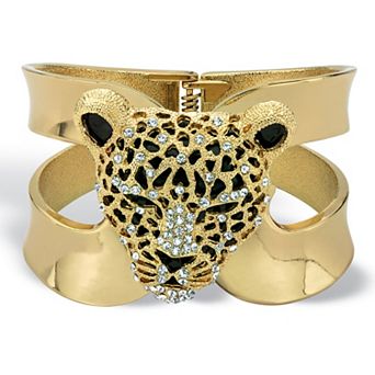 Goldtone Crystal Leopard Hinged Cuff Bangle Bracelet (50mm)