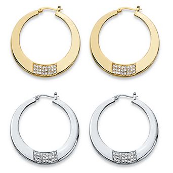Round Crystal Goldtone and Silvertone 2-Pair Hoop Earrings Set 1.75"