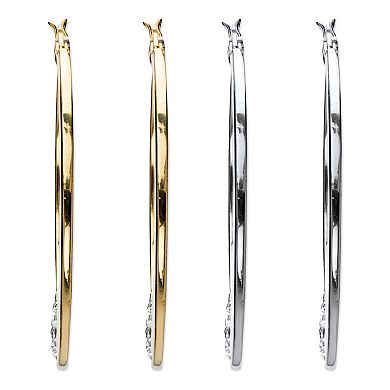 Round Crystal Goldtone and Silvertone 2-Pair Hoop Earrings Set 1.75"
