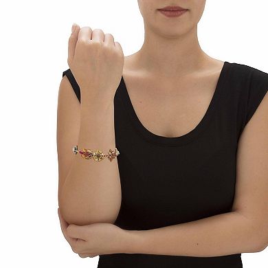 Multi-Color Oval and Marquise-Cut Crystal Goldtone Floral Bracelet 8"