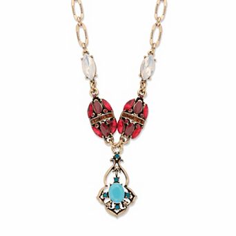 Red and Blue Crystal and Simulated Turquoise Goldtone Y Necklace 22"-24"