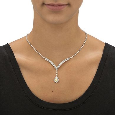 Silvertone Aurora Borealis Crystal Earrings and "Y" Necklace Set 13"-17"