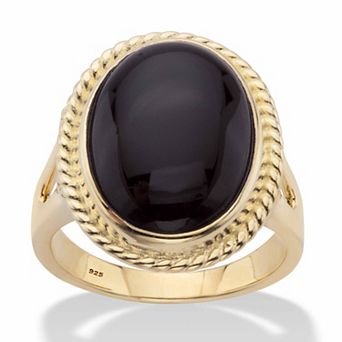 Genuine Black Onyx 14k Gold-plated Silver Oval Cabochon Banded Halo Ring