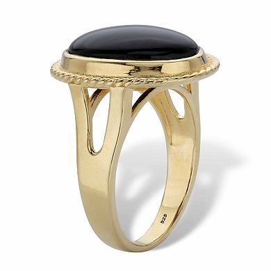 Genuine Black Onyx 14k Gold-plated Silver Oval Cabochon Banded Halo Ring