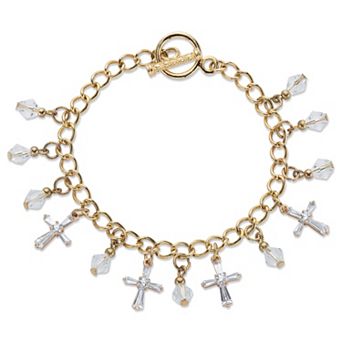 Cross-Shaped and Round Crystal Goldtone Charm Toggle Bracelet 7.5"