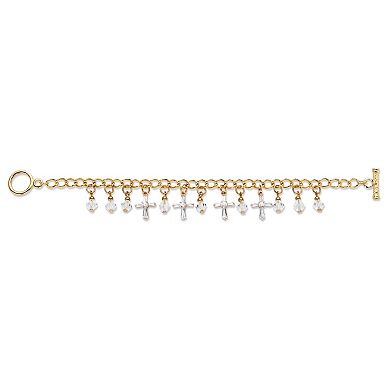 Cross-Shaped and Round Crystal Goldtone Charm Toggle Bracelet 7.5"
