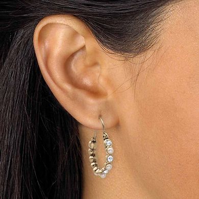 Bezel-Set Crystal and Simulated Pearl Goldtone Hoop Earrings 1 1/8"