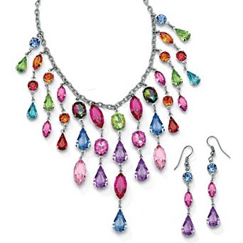 Multicolor Crystal Bib Necklace and Earrings 2 pc Set in Antiqued Silvertone