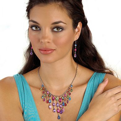 Multicolor Crystal Bib Necklace and Earrings 2-Piece Set in Antiqued Silvertone
