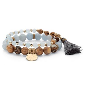 Grey and Brown Simulated Tiger's Eye Goldtone Beaded Stretch Bracelet Set 7"