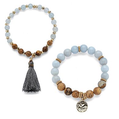 Grey and Brown Simulated Tiger's Eye Goldtone Beaded Stretch Bracelet Set 7"