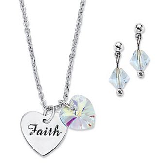AB Crystal Silvertone Heart and "Faith" Charm Earring & Necklace Set 18"-20"