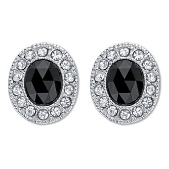 Simulated Black Oval-Cut Onyx With Crystal Accents Silvertone Earrings