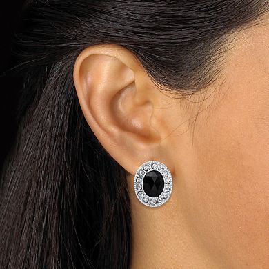 Simulated Black Oval-Cut Onyx With Crystal Accents Silvertone Earrings