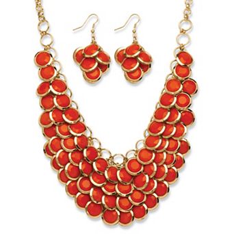 Orange Bib Necklace and Cluster Earrings Set in Yellow Goldtone