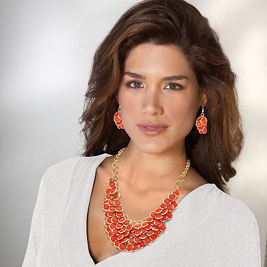 Orange Bib Necklace and Cluster Earrings Set in Yellow Goldtone