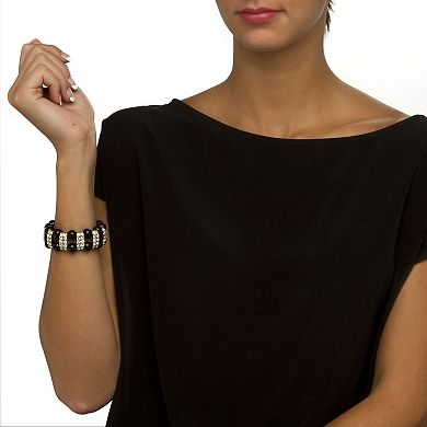 Black Beaded Bracelet with Crystal Accents in Yellow Gold Tone