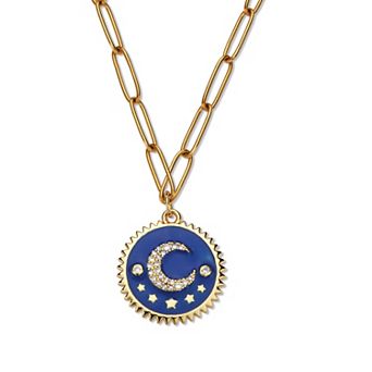 Crystal Celestial Moon Gold Ion-Plated Stainless Steel Pendant, 19 in