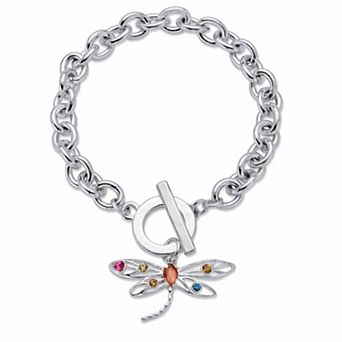 Multi-Color Crystal Silvertone Dragonfly Charm Rolo-Link Toggle Bracelet 8"