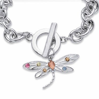 Multi-Color Crystal Silvertone Dragonfly Charm Rolo-Link Toggle Bracelet 8"