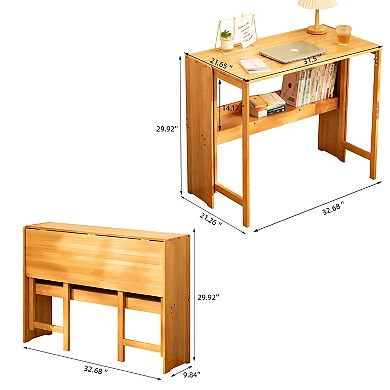 Lufeiya 100%Bamboo Space-Saving Computer Desk Foldable with Storage Shelf
