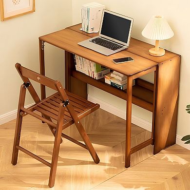 Lufeiya 100%Bamboo Space-Saving Computer Desk Foldable with Storage Shelf