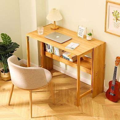 Lufeiya 100%Bamboo Space-Saving Computer Desk Foldable with Storage Shelf